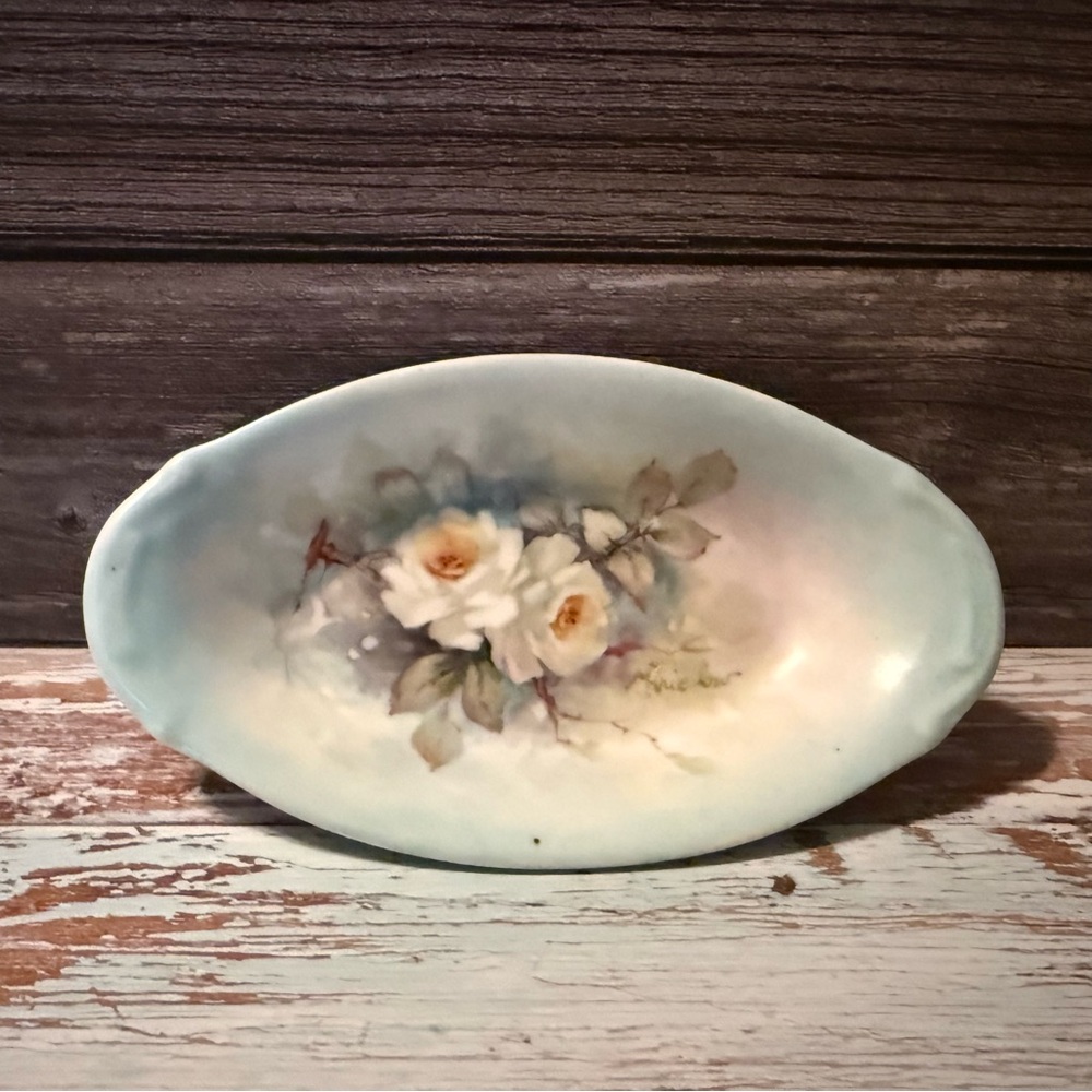 Vintage Floral Oval Ceramic Dish Hand Painted Floral Signed Blue